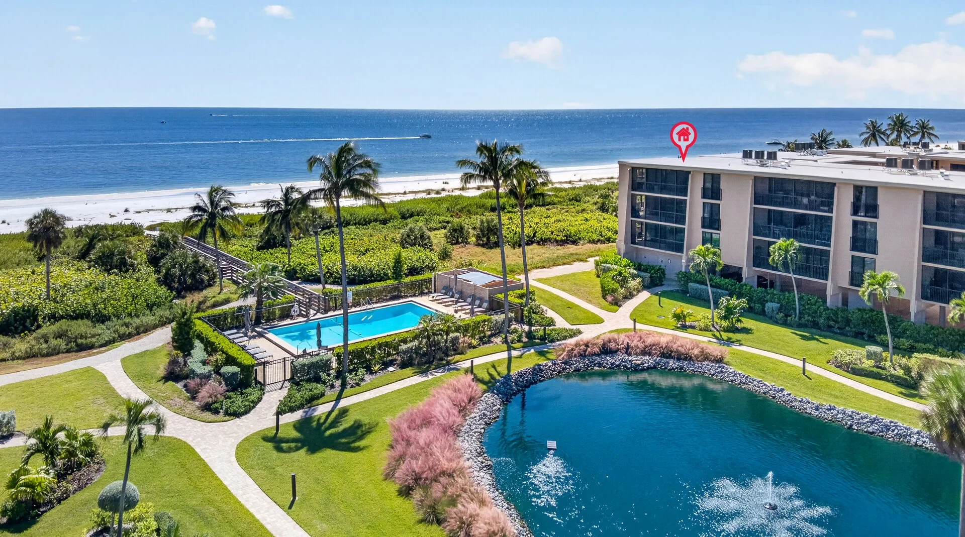 Aerial view of Gulf, pool and lagoon