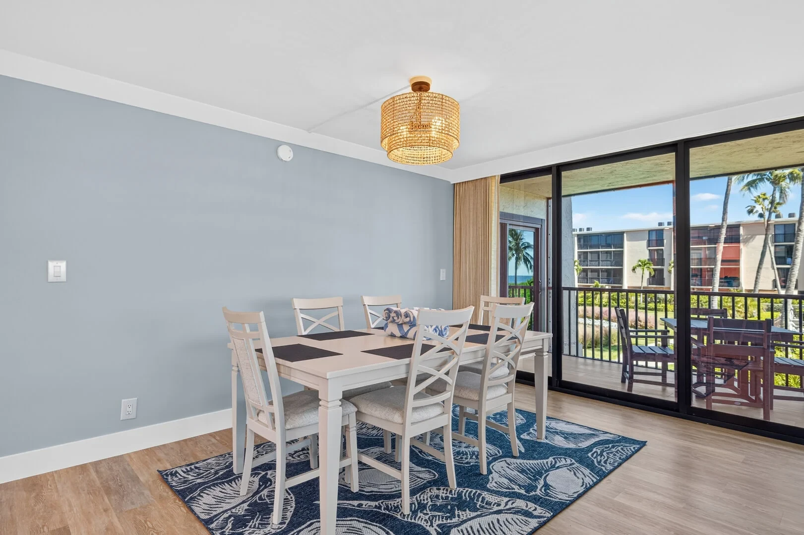 Coastal dining room with resort views