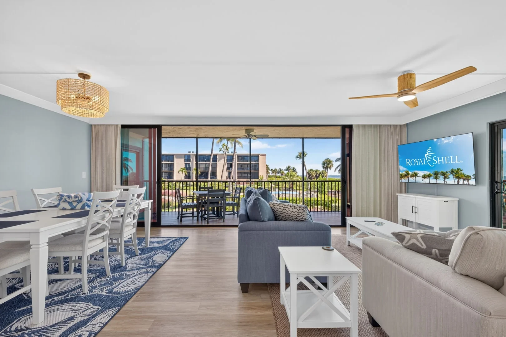 Open-plan living and dining with resort views