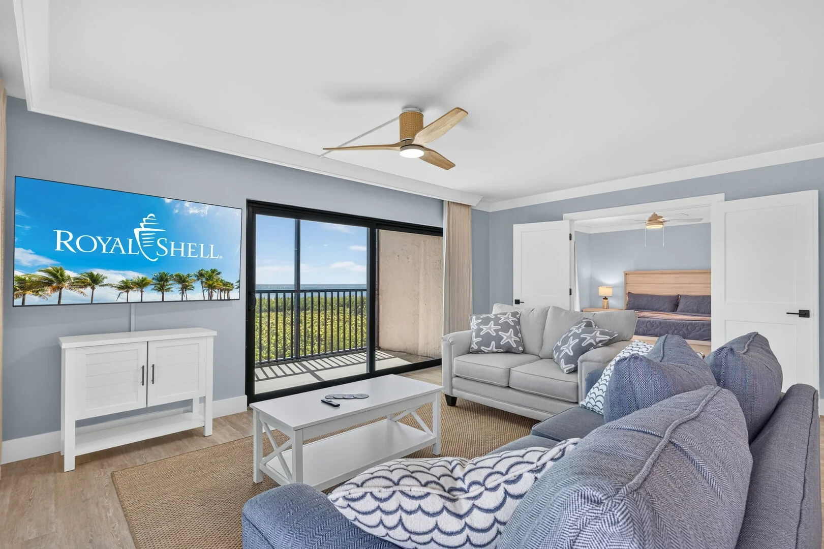 Living room with Gulf views and open bedroom