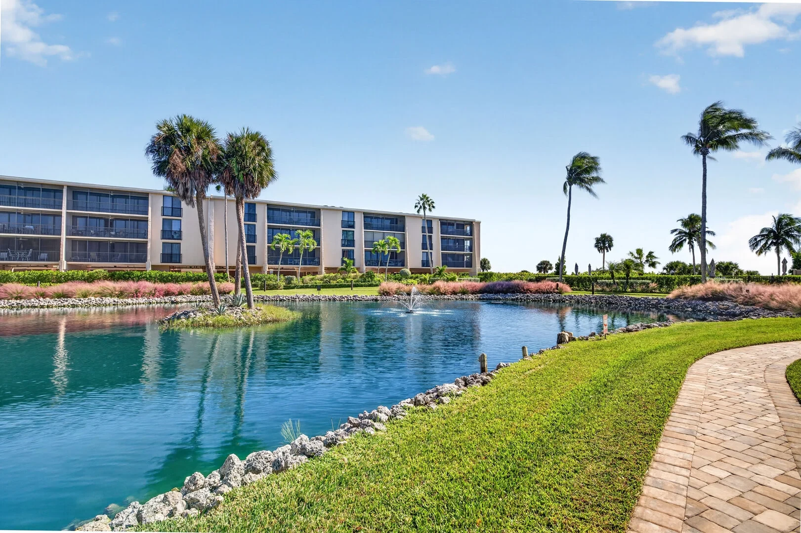 Sundial resort grounds with lagoon and fountain